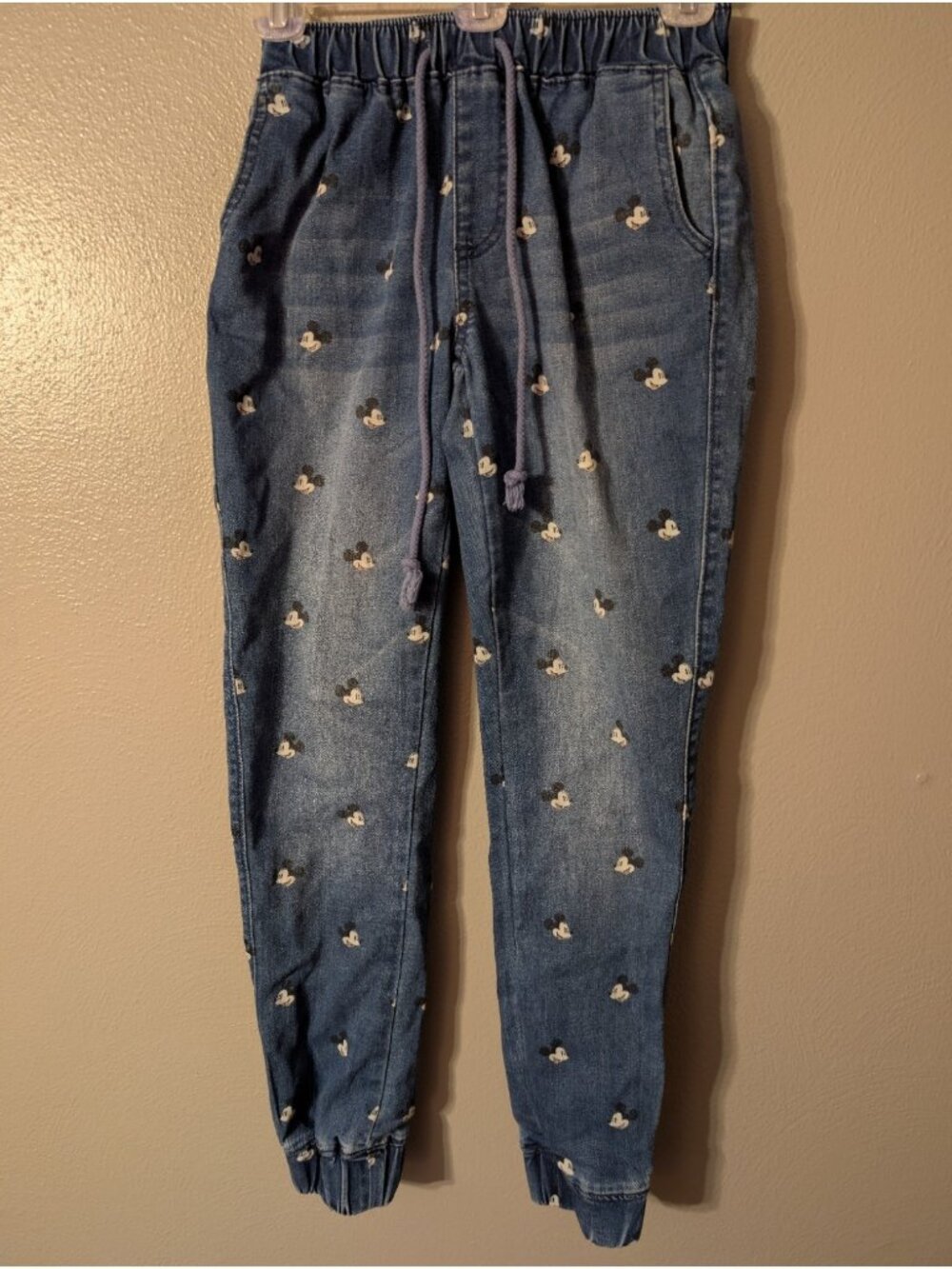 Disney Parks Mickey Mouse Denim Joggers XS Blue Jean Elastic Waist Pants Stretch